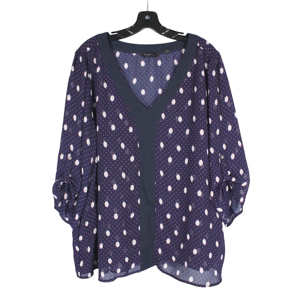 INVESTMENTS II Navy CHIFFON Purple POLKA-DOTS 3/4 Roll-Tab Sleeve BLOUSE/TOP 2X